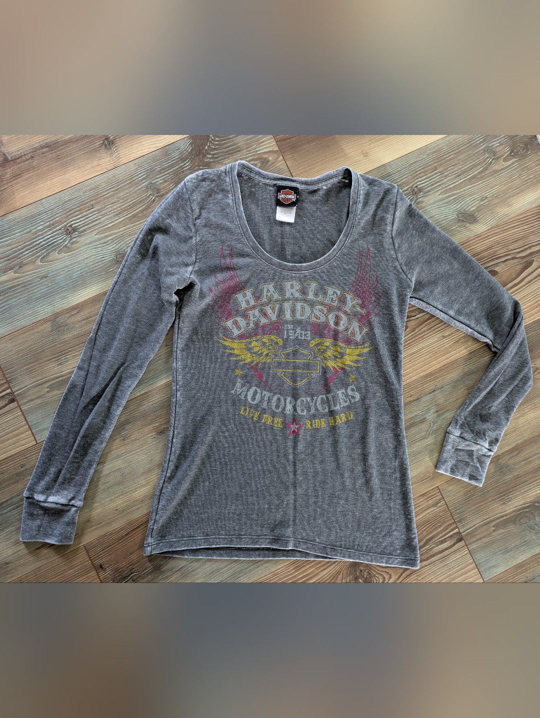 Harley Davidson Motorcycles Gray Waffle Knit Long Sleeve Top Lexington Ky Large